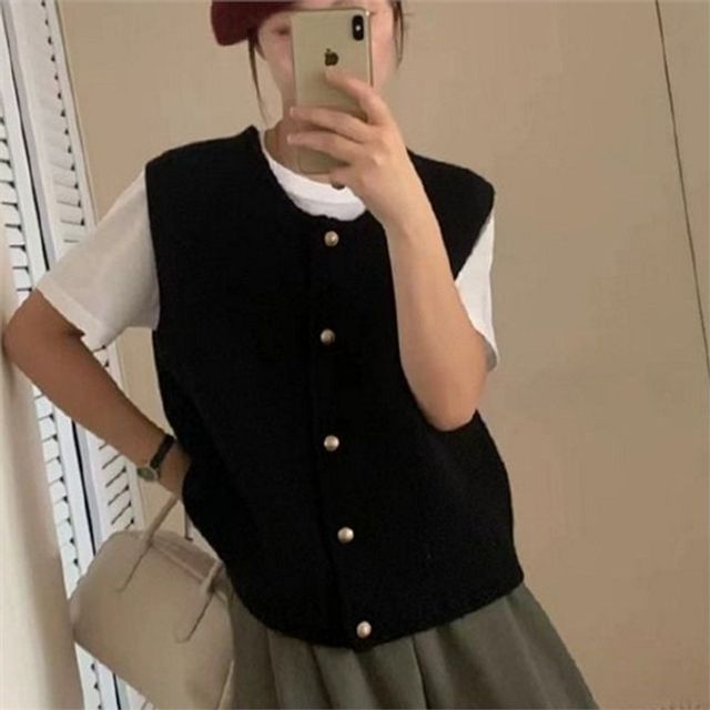 여성 단추 조끼 여성 베이직 조끼 데일리 라운드 민소매 베스트 봄가을 여밈 레이어드 솔리드 무지 니트
