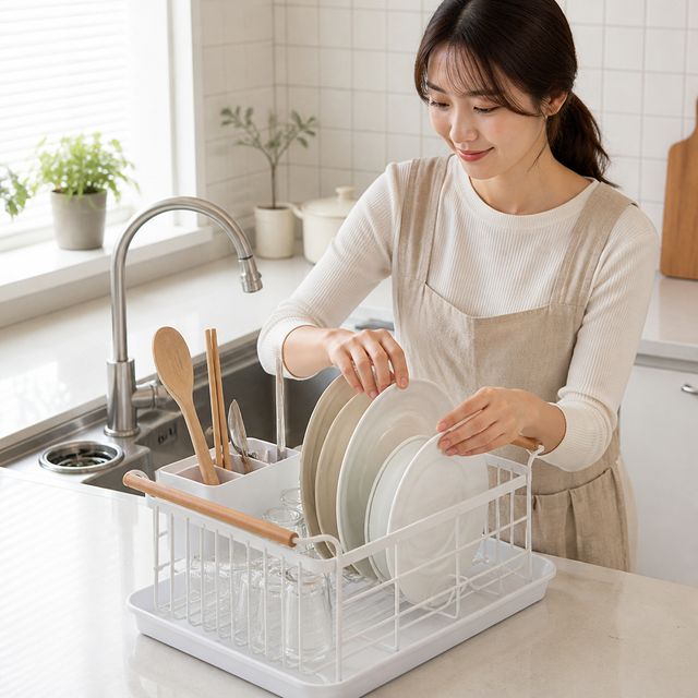 스텐 1단 식기건조대 투핸들 물빠짐 싱크대 정리대 식기대