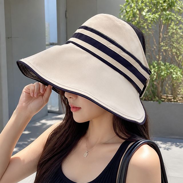 스트라이프 블랙 선캡 벙거지모자 사계절 썬캡 캡모자 밀짚 왕골 나들이 여자 모자 - 이미지 1