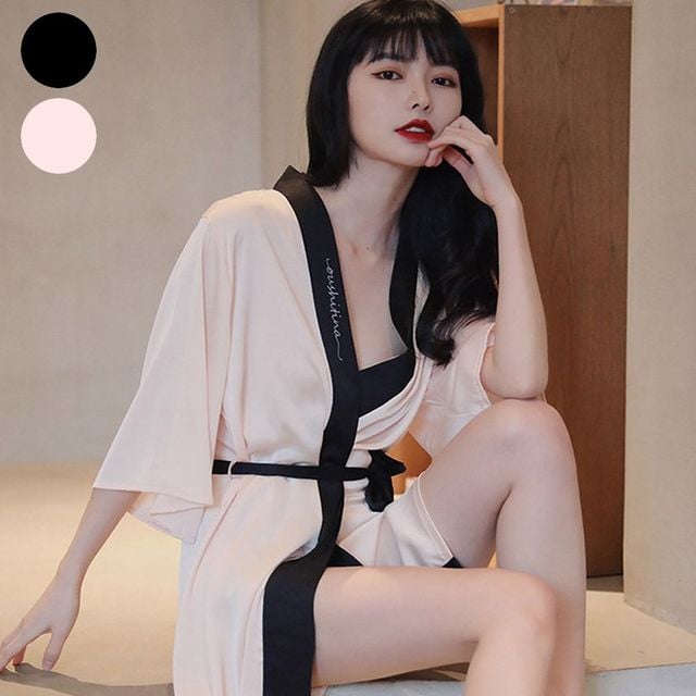 가운 슬립 로브 잠옷 골프가운 실크 배색 여성 원피스 - 이미지 1