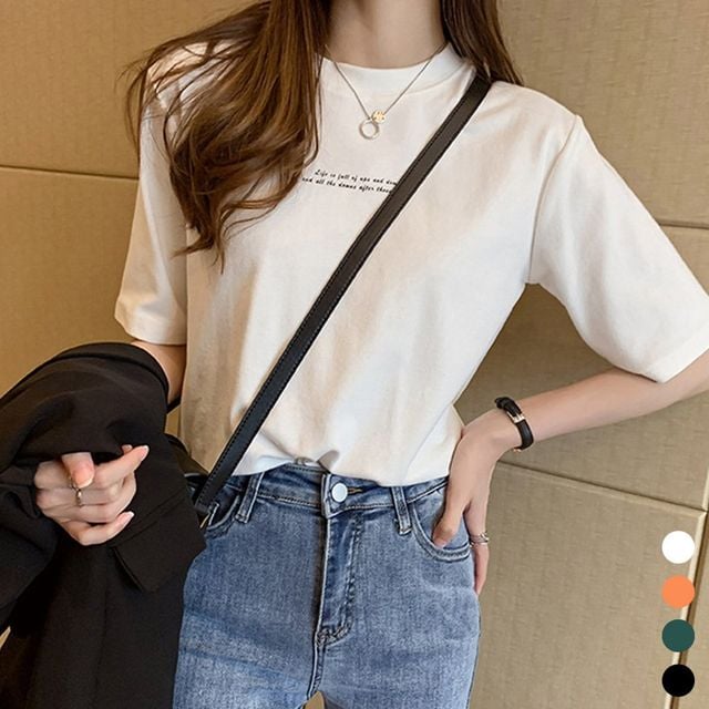 여성 베이직 영문포인트 데일리 라운드 반팔티셔츠