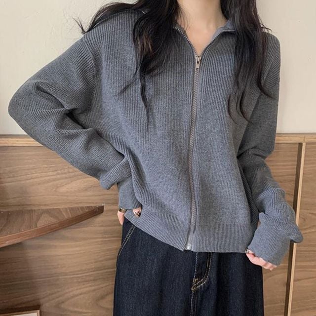 여성 카라 크롭 니트 가디건 점퍼 데일리 캐주얼 점퍼
