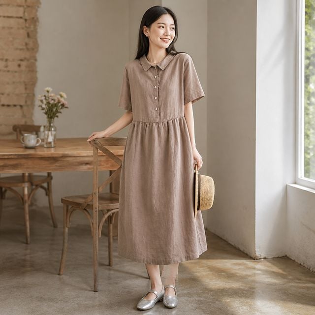 루즈핏 퍼프 린넨 롱원피스 면혼방 반팔 허리 단추 여름 하객룩 원피스 - 이미지 1