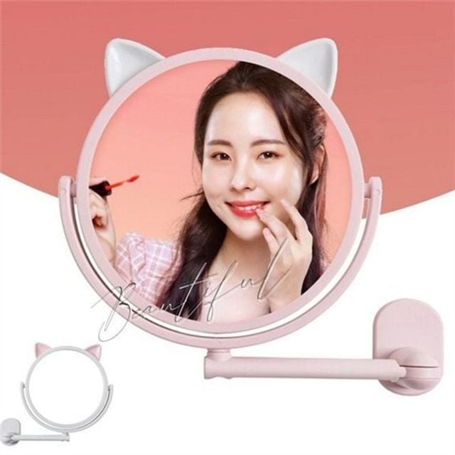 귀여운 고양이 귀 벽 거울 흡착식 회전 부착 거울 파우더룸