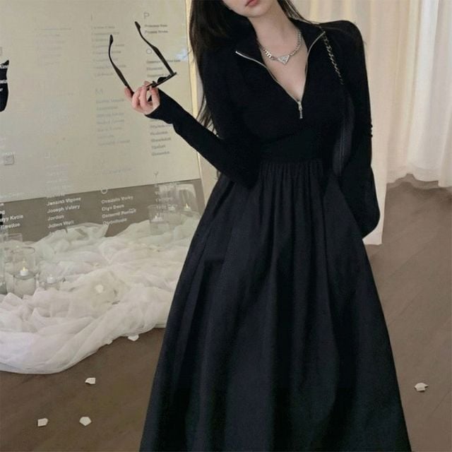 검정 하프 집업 니트 롱 원피스 여성 긴팔 데일리 캐주얼