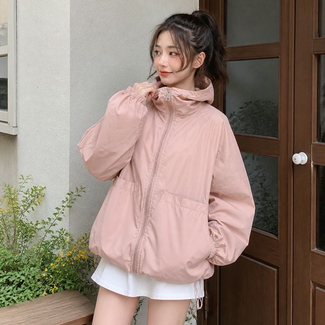 여성 아노락 바람막이 집업 점퍼 메쉬 안감 후드 자켓 봄 가을 비치 수영복 아우터 - 이미지 1