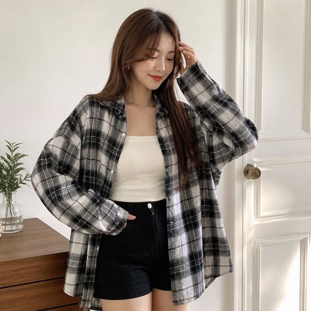 체크셔츠 여성 셔츠 긴팔 남방 가을 데일리룩 오버핏 루즈핏 블라우스