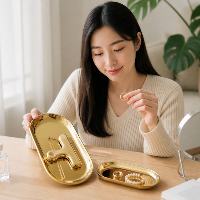 골드 액세서리 받침대 소품함 주얼리 트레이 금쟁반 인테리어 오브제 쟁반 - 이미지 1