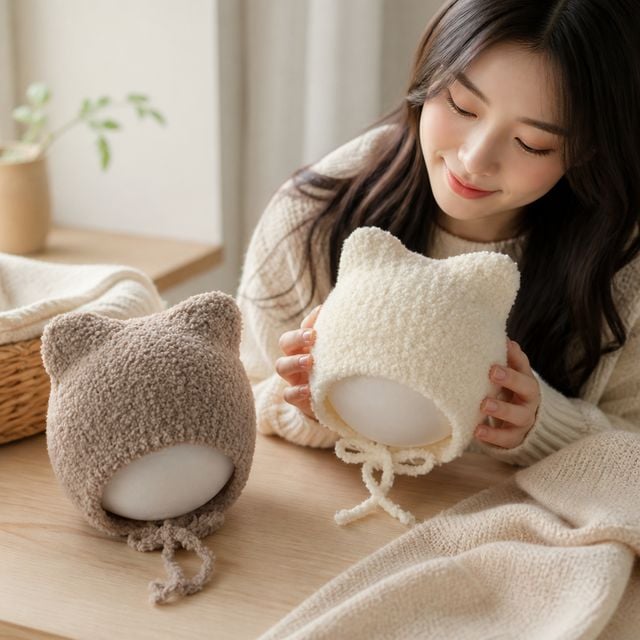 고양이 귀모양 뽀글이 비니 끈타입 방한모자 겨울 귀마개