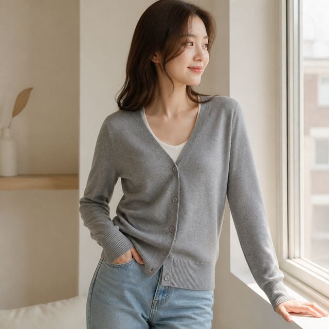 여성 브이넥 니트 가디건 4컬러 긴팔 간절기 룩 데일리룩 이너웨어 레이어드룩 - 이미지 1