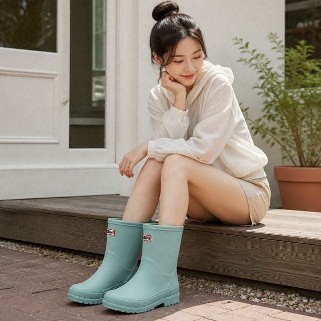 여성 미들 장화 레인부츠 성인 비오는날 데일리룩 - 이미지 1