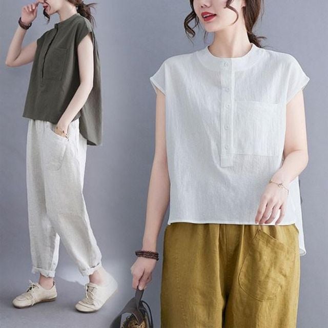 린넨 티셔츠 퍼프 상의 여름 포켓 프론트 헨리넥 블라우스