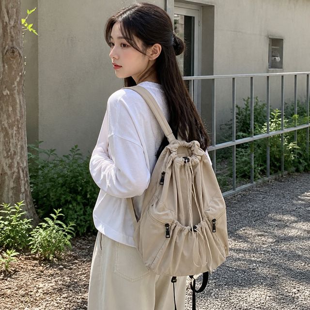 조임끈 가방 데일리 학생 배낭 스트링 포켓 백팩 - 이미지 1
