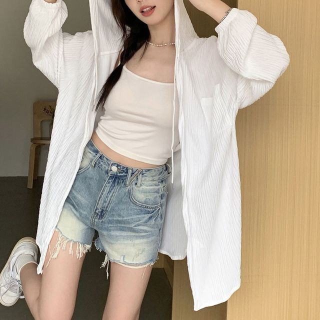 후드 주름 가디건 내추럴 여유핏 라운드 밑단 데일리