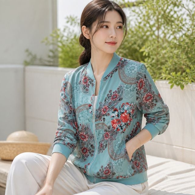 로맨틱 패턴 집업 바람막이 그레이 여성 점퍼 자켓 비치 수영복 아우터 - 이미지 1