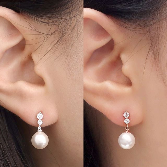 14K 골드필드 핀 큐빅 스틱 진주 혼주 귀걸이