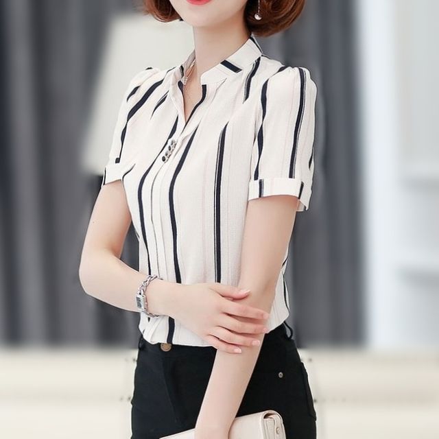 여성 여름 차이나 카라넥 반팔 셔츠형 블라우스 - 이미지 5
