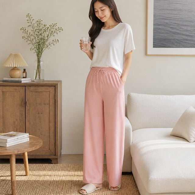 여성 홈웨어 냉감 와이드 팬츠 쿨링 파자마 여름 바지 실내복 라운지웨어 - 이미지 1