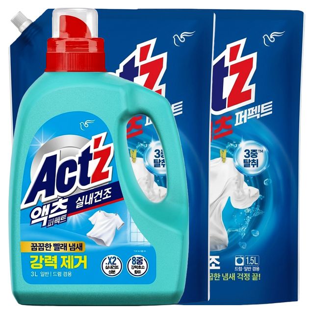 액츠 퍼펙트 실내건조 일반드럼겸용(용기3L 1개 + 리필1.5L 2개)