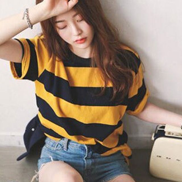 여성 스트라이프 반팔 1P 라운드 릴렉스 기본 티셔츠