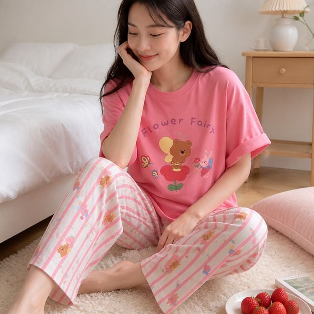 베어 반팔 파자마 잠옷 캐릭터 홈웨어 여성 실내복 - 이미지 1