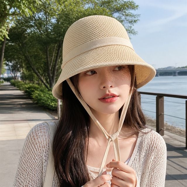 여성 왕골 밀짚 햇빛가리기 모자 스트링 벙거지 캡 선캡 나들이 성인 라운드 햇 - 이미지 1