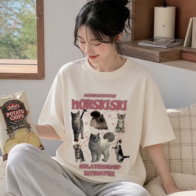 고양이 프린팅 반팔 티셔츠 커플 잠옷 오버핏 남녀공용 홈웨어 이지웨어