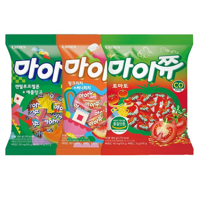 크라운 마이쮸 284g 토마토+ 핑크리치써니피치+멜론애플망고 각1개 총3개