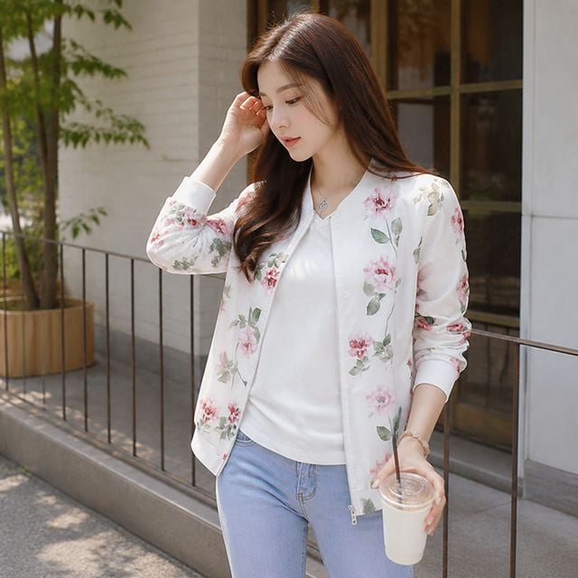 화이트 집업 바람막이 점퍼 자켓 봄 가을 여성 아우터 수영복 비치웨어 로즈 - 이미지 1