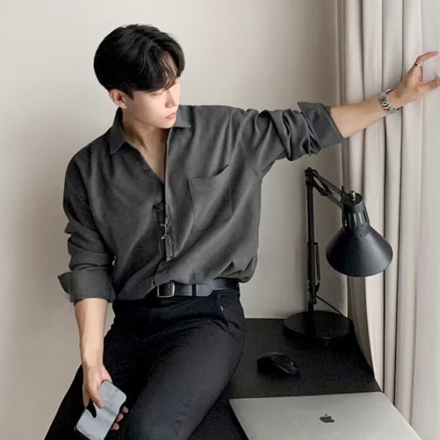 남성 오버핏 베이직 긴팔 셔츠 캐주얼 데일리 카라셔츠