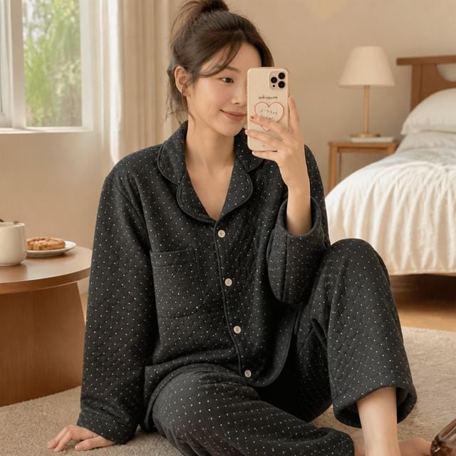 누빔 가을 겨울 홈웨어 커플잠옷 본딩 잠옷 상하의 실내복 룸웨어 - 이미지 1