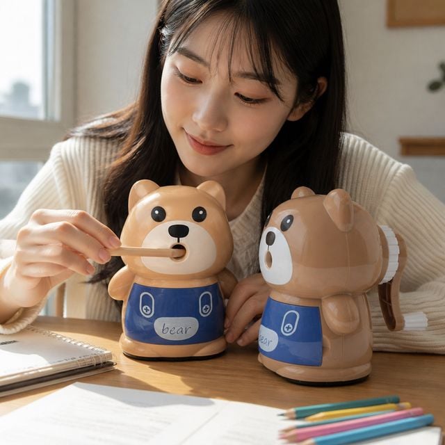 곰돌이 연필깎이 1p 멜빵바지 캐릭터 디자인 자동배출 연필깍기 학교 학원 - 이미지 1