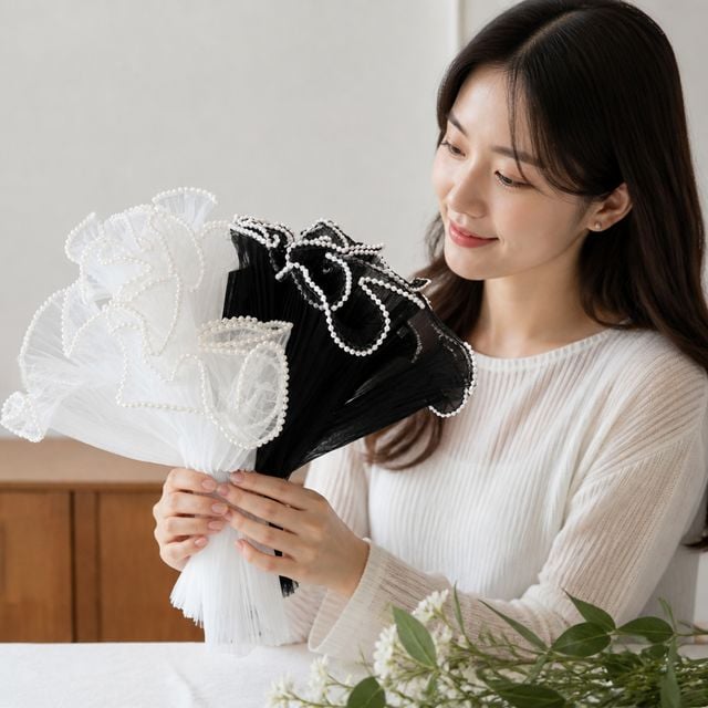 선물 포장재 망사 포장지 진주 포인트 꽃 꾸미기 용품 - 이미지 1