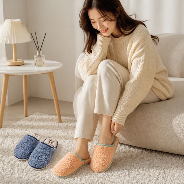 여성 남성 배색 털실내화 겨울 실내 사무실 슬리퍼 뽀글이 봄 가을 룸슈즈 - 이미지 1