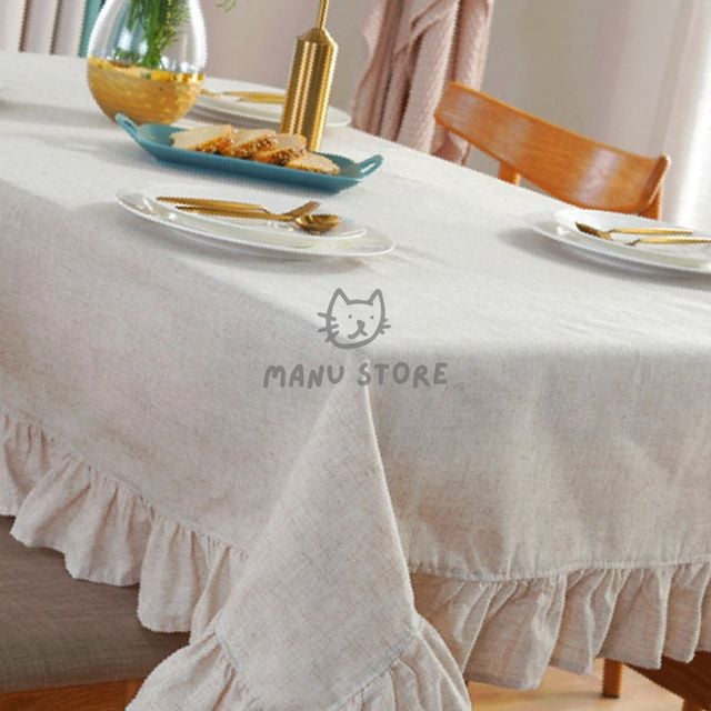 사각테이블보 면테이블보 프릴 린넨 식탁보 140x140cm 베이지
