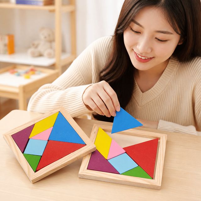 나무 도형 퍼즐 소형, 유아 두뇌발달 칠교놀이 교구