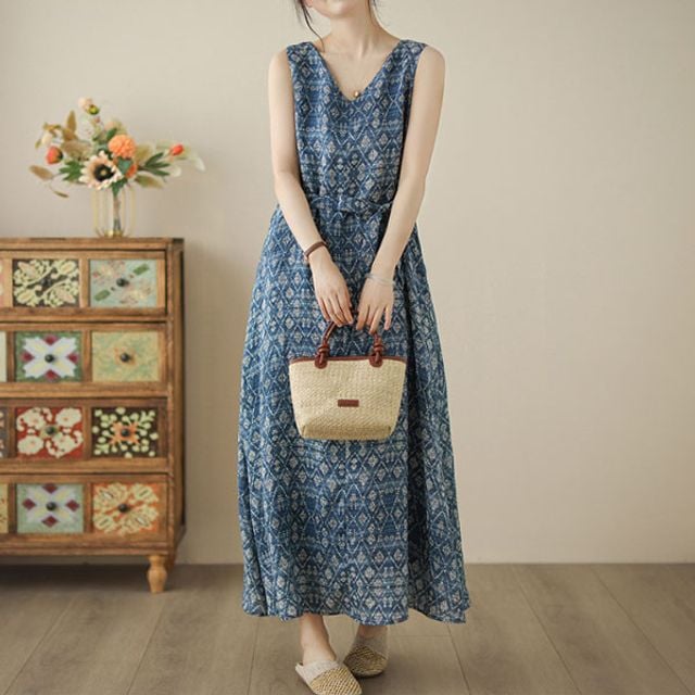 은창)인디고 블루 에스닉 스트랩 롱 비치 원피스 여름 치마 면혼방 빅사이즈 루즈핏 휴가 민소 - 이미지 4