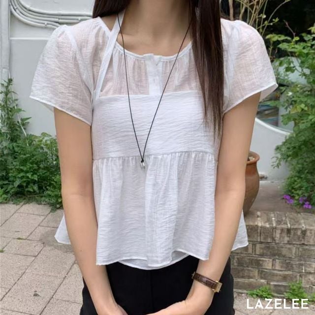 레이즐리 화이트 레이어드 셔링 뷔스티에 블라우스 쉬폰 반팔 퍼프 페플럼 프릴 여름 여름블라우스