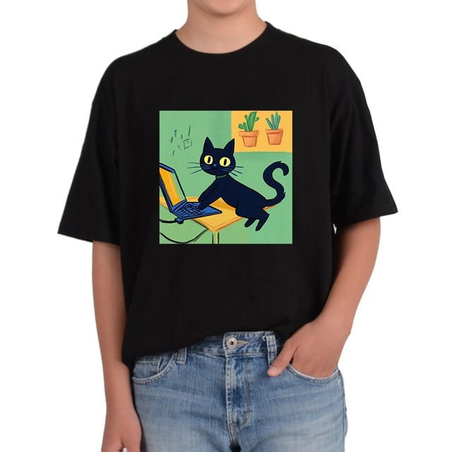 남녀공용 메쉬 반팔티 냥이 야옹이 고양이 노트북 그림 제미나이 생성 모든색상 전사이즈 가능 - 이미지 1