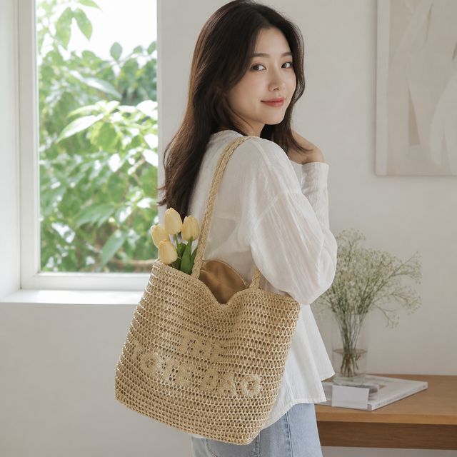 왕골 숄더백 여름 휴가 그물 가방 여성 비치백 쇼퍼백 바구니 파우치 - 이미지 1