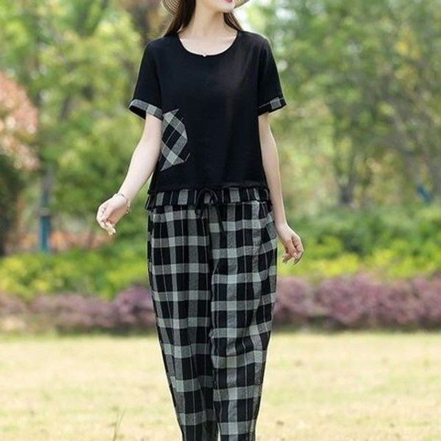 캐주얼 반팔T 패션 린넨 격자무늬 바지 정장 중년여성