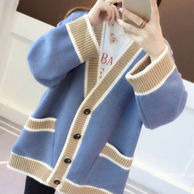 왕단추 기본핏 캐주얼 심플 가디건 배색