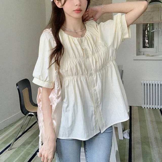 여름용 여성 노카라 플레어 블라우스셔츠 셔링 디자인