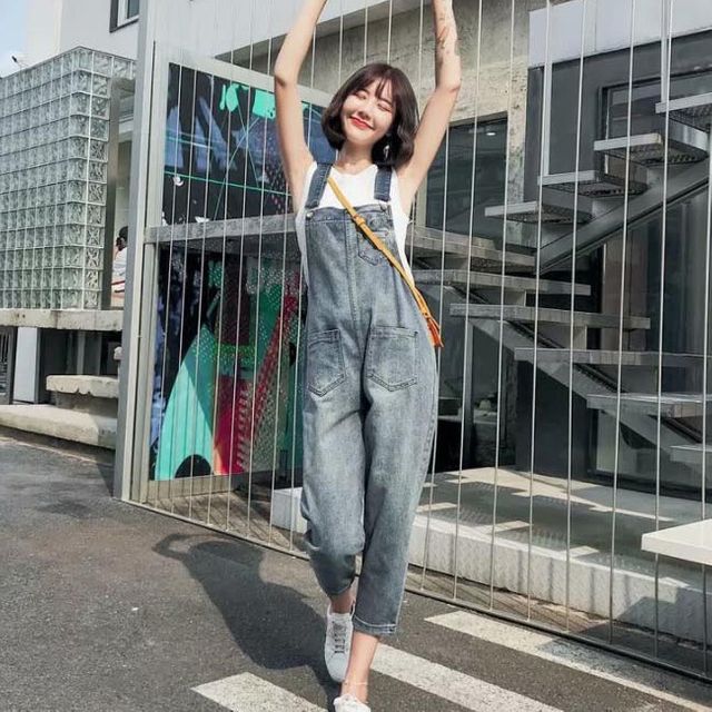 여성 롤업 연청 데님 멜빵바지 1P 청멜빵 긴바지 팬츠