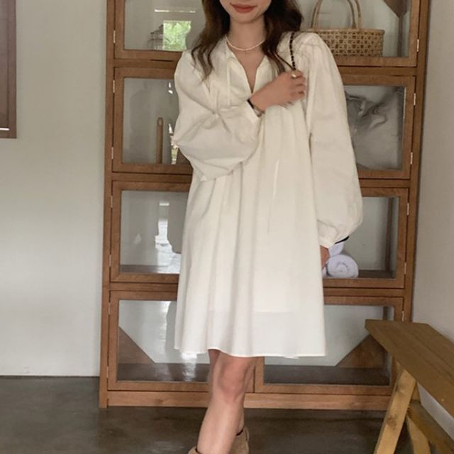 캐주얼룩 데일리 퍼프 볼륨 넥스트링 미디 원피스