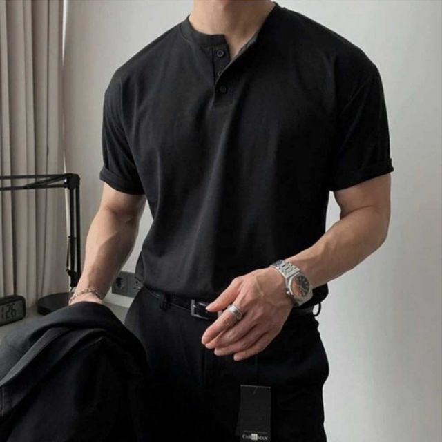 남성 헨리넥 반팔티셔츠 버튼 면 티셔츠 여름 기본 라운드 면티셔츠 깔끔한 상의