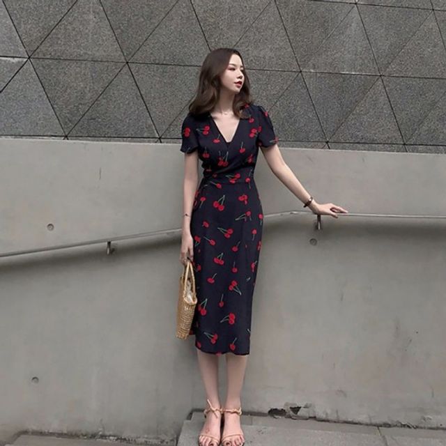 네이비 소재 랩원피스 V라인 프린팅 원피스 여름원피