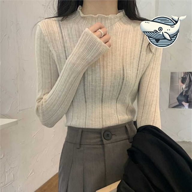 부드러운 물결 골지 니트 슬림핏 터틀넥 데일리