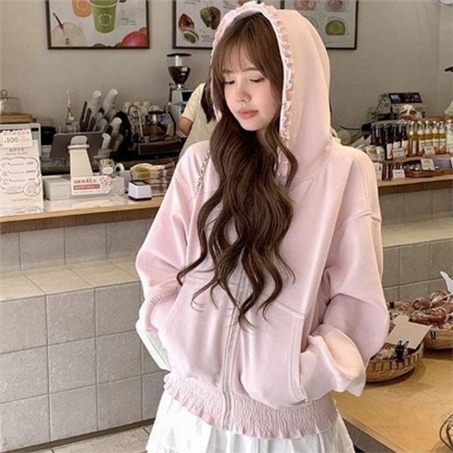 여성 루즈핏 집업 여성 프릴 후드 티 소프트 캐주얼 데일리 봄가을 아우터 나들이 점퍼