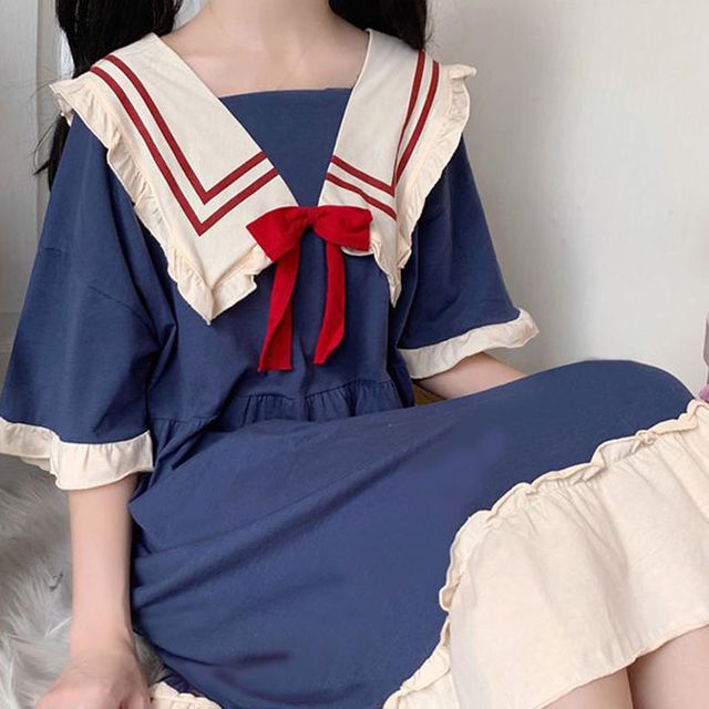 WL 여성 예쁜 반팔 파마자 귀여운 잠옷 블루 원피스